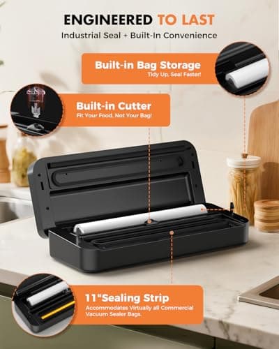 UPRUBE Vacuum Sealer for Food, 95kPa Food Saver Vacuum Sealer Machine, 135W Fast-Sealing with Easy Tear Cutter, Built-in Bag Storage, 9-in-1 Compact Food Vacuum Sealer Machine with 10 ft Bag Roll view 4