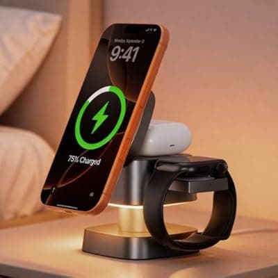 AIYUNDI 4 in 1 Wireless Charging Station for Apple Devices with Night Light, Mag-Safe Charger Stand, 15W Fast Charging for iPhone 17/16/15/14/13/12 Series, iWatch & AirPods(with USB-C Cable)