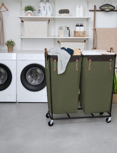 StorageWorks 390L Extra Large Laundry Hamper with Wheels, 2 Sections Laundry Basket with Wheels, Clothes Sorter Cart with Divider for Hotel, Home, Green, 1-Pack view 2