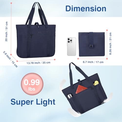 Voova Tote Bag for Women, Large Capacity Tote Bag with Zipper, Foldable Shoulder Bag Handbag for Work,Travel,Shopping,Beach view 3