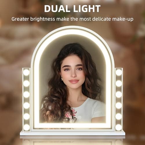 Hansong Hollywood Vanity Mirror with Lights 22.4"x23.4" Arched Lighted Makeup Mirror with Lights 12 Dimmable Bulbs Three Color Lighting Modes Detachable 10X Magnification Smart Touch Control view 2