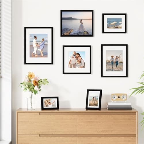 Vittanly 8x10 Picture Frames Set of 9, Shatter Resistant Plexiglass, Display 5x7 Pictures with Mat or 8x10 without Mat, Photo Frames for Wall or Tabletop, Engineered Wood, Black view 6