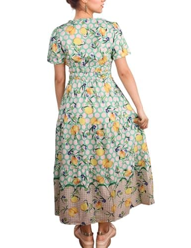 ACCPUR Women's Summer Boho Maxi Dresses Floral V Neck Tiered Short Sleeve Long Dress Flowy Beach Vacation Dress with Pockets view 5