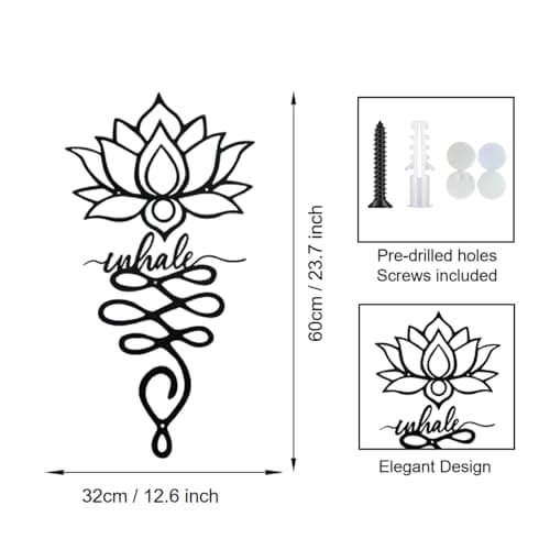 JBCHUCI Lotus Flower Wall Decor - 23.7”x12.6” Black Metal Yoga Meditation Wall Art, Boho Zen Sculpture for Home Living Room, Bedroom, Office, Spiritual Gift & Mindfulness Decor for Yoga Lovers view 2