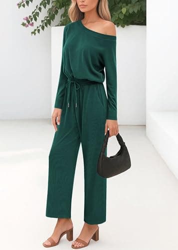 Lazysmile Jumpsuits For Women Dressy Long Sleeve Off Shoulder One Piece Wide Legs Rompers Casual Fall Outfits with Pockets view 4