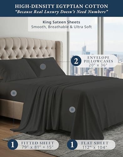 100% Egyptian Cotton Bed Sheets King Size – Silky Sateen Weave for Warm Winter Comfort, 15" Deep Pocket King Sheets, Naturally Breathable, Ultra-Soft Durable Hotel-Quality Luxury Bedding - Black view 2
