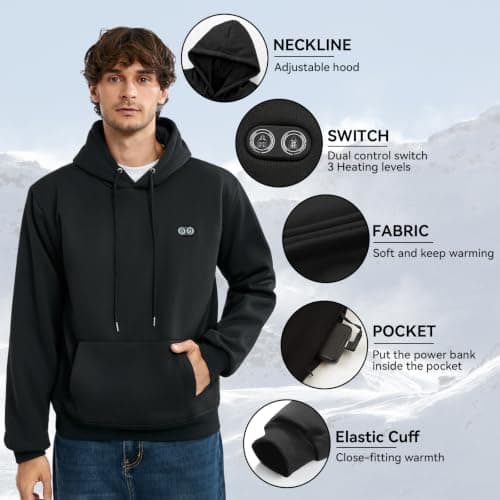 CHANGEOWN Mens Heated Pullover Hoodie with Battery, 13 Heating Zones, Lightweight Electric Heating Hooded Sweatshirt view 3