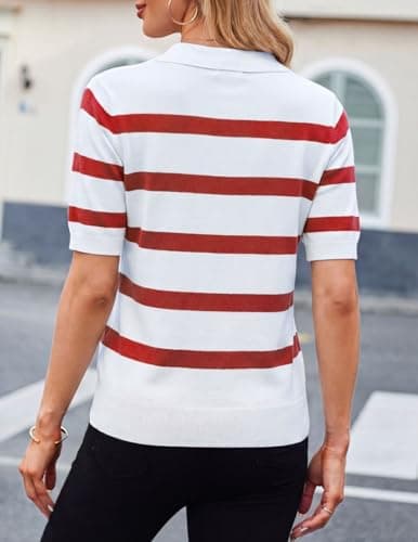 Kate Kasin Women Short Sleeve Polo Sweater V Neck Knitted Tops Casual Ribbed Shirt Loose Pullover Sweater view 3