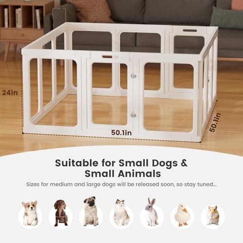Clear Acrylic Dog Playpen - 50 x 50 Inch, 24" H 12 Planes Transparent Dog Fence Indoor, Sturdy Pet Pen for Puppy/Small Dog/Rabbit/Pig, Easy Assemble & Cleaning Plastic Whelping Box Enclosure, White view 2
