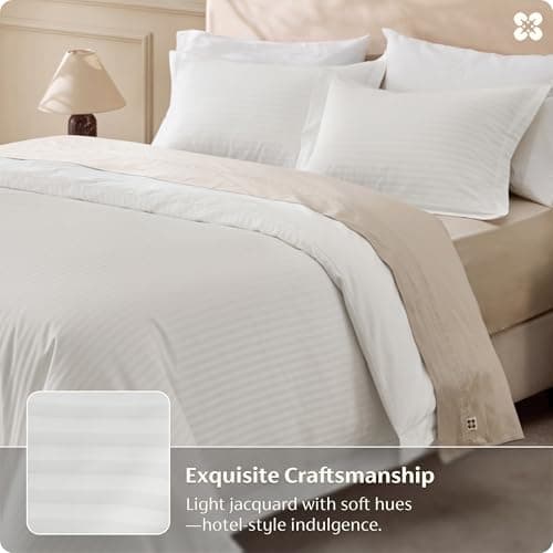 Bedsure 100% Cotton Percale Duvet Cover Queen, Luxury Hotel Duvet Cover, Striped Jacquard White Comforter Cover, PureWoven Breathable & Lightweight Bedding Set for All Season, 3 Pieces, 90"x90" view 4