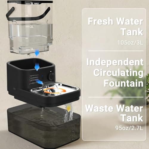 Filterless Cat Water Fountain 3L, Wireless Motion Sensor Cat Water Fountain with 4000mAh Battery, Stainless Steel Cat Bowls, Water Fountain Separate Tanks, Quiet – Black view 2