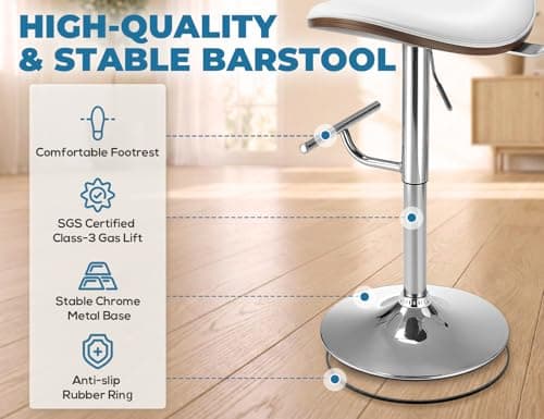 Mapleyard Adjustable Height Barstools Set of 2: Swivel Modern Kitchen Counter Bar Stools, Leather Upholstered Bar Chairs with Walnut Bent Plywood Backrest & Footrest for Island, Dining Room Pub, White view 6