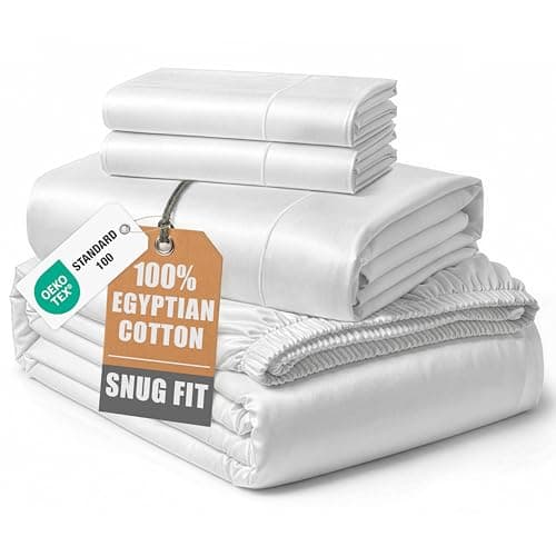 100% Egyptian Cotton Sheets Queen Size - Naturally Cooling & Breathable 4 Piece Silky Sateen Weave Queen Sheet Set, Ultra-Soft & Durable Hotel Luxury Sheets with 15" Snug Fit Deep Pockets - White view 1