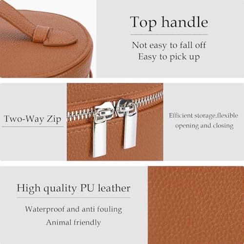 Brown Leather Makeup Bag, Travel Vanity Make up Case with Compartments , Portable Cosmetic Organizer Bags,Toiletry Bag for Women view 5