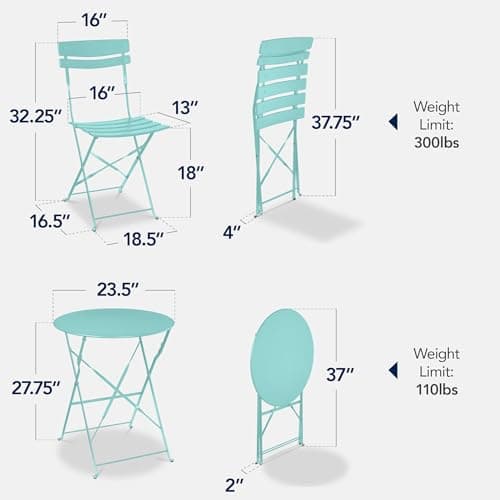 Best Choice Products 3-Piece Bistro Set, Space Saving Folding Design, Solid Steel, Outdoor Patio Furniture Set w/ 2 Chairs, Bistro Table - Aqua Blue view 3