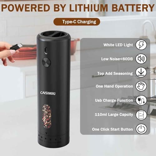 CAISIMIKI Large Capacity Rechargeable Electric Pepper Grinder 2025 New Pepper Mill USB Black Automatic Pepper Mill Adjustable Coarseness Salt Shakers with LED Light One Hand view 5