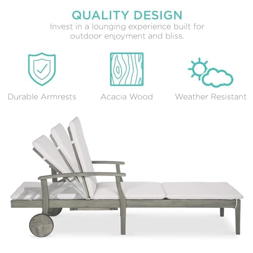 Best Choice Products 79x26in Acacia Wood Chaise Lounge Chair Recliner, Outdoor Furniture for Patio, Poolside w/Slide-Out Side Table, Foam-Padded Cushion, Adjustable Backrest, Wheels - Gray/Cream view 4