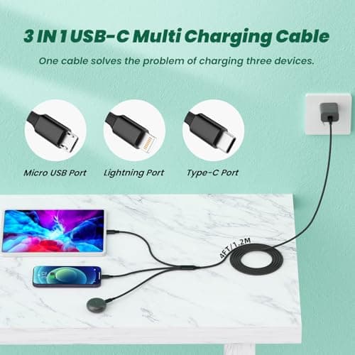 Travel Vacation Essentials USB C Multi Charging Cable, 2Pack 4FT Nylon 3-in-1 Charging Cord for Multiple Devices with Type C/Micro/IP Port, Universal Charger Cable for Cell Phone, Galaxy 25, iPad view 2