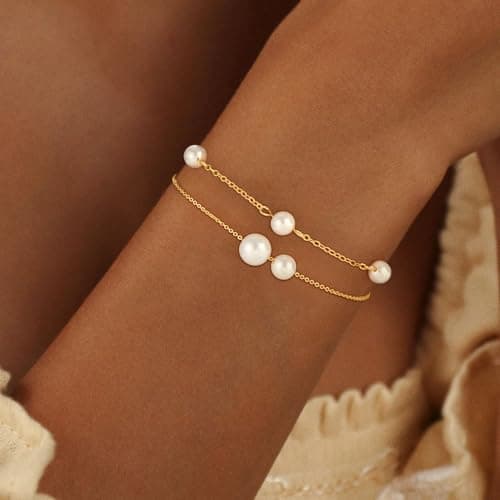 Fezodo Pearl Bracelets for Women, Dainty 18K Gold Plated Pearl Beaded Bracelet Stack Trendy Thin Link Chain Charm Bracelets Set Wedding Bridesmaid Mother Gifts Jewelry for Women view 2