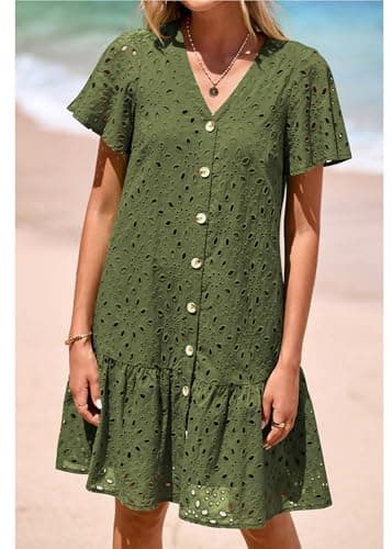 KIRUNDO Eyelet Dresses for Women 2026 Spring Summer Short Sleeve Button Down Loose Mini Babydoll Dress Beach Vacation Clothes view 4