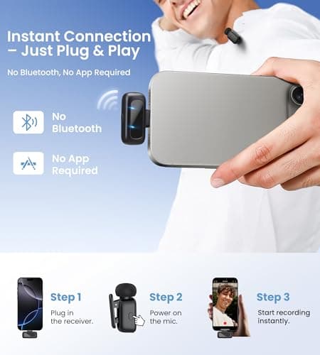 Sunnymark Mini Wireless Lavalier Microphone for iPhone/Android/PC with USB-C Plug, Noise Reduction, 25H Battery Life with Charging Case, Plug & Play, Tiny Mics for Vlogging & Podcast view 2