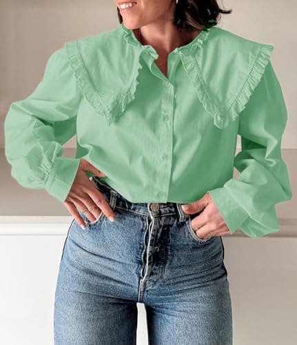 Tankaneo Womens Button Down Shirts Cotton Puff Sleeve Babydoll Blouse Fall Casual Doll Collar Tops view 3