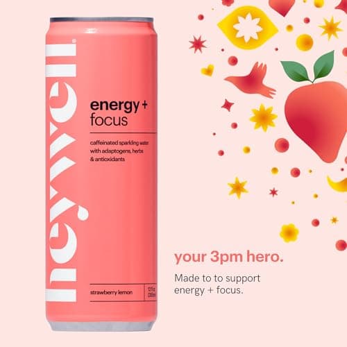 Heywell Sparkling Adaptogenic Water Energy and Focus, Strawberry Lemon Flavor 12 Fluid Ounce (Pack of 12) - Caffeinated, Organic, Non GMO, Vegan, Gluten Free, Dairy Free view 3