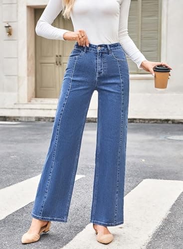 Dokotoo Women‘s High Waisted Wide Leg Jeans Strechy Raw Hem Denim Pants view 3