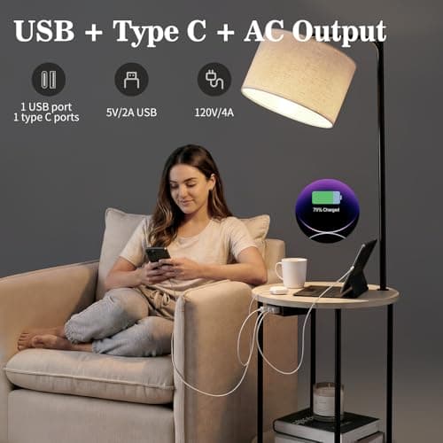 ONEWISH Modern Floor Lamp with Table, Charging Station (USB/Type-C/AC Port), 3 Temperatures, 9W Blub, Round End Table for Bedroom & Living Room (White) view 3