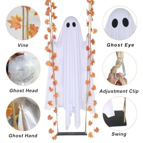 Swinging Ghost Outdoor Decor,4.4FT Halloween Decorations Outdoor Indoor with Ghost on A Swing for Outside Garden Yard Porch Tree,Hanging Large Spooky Cute Ghosts with String Lights for Party view 4