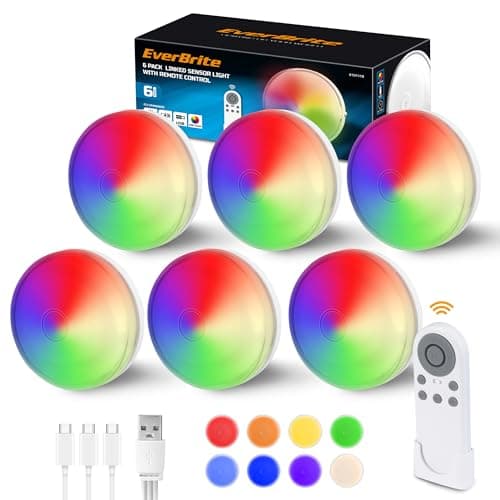 EverBrite Puck Lights with Remote, Rechargeable Linked Sensor Under Cabinet Lights, 10 RGB Colors, Group Control Dimmable Kitchen & Bedroom (6-Pack) — image 1