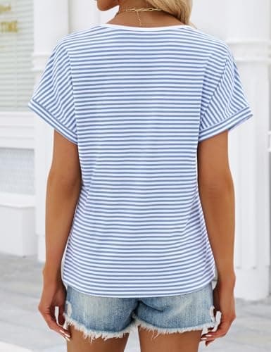 JUSTFASHIONNOW Womens Striped Henley T Shirts Short Sleeve V Neck Summer Tops 2026 Button Front Dressy Casual Blouses view 5