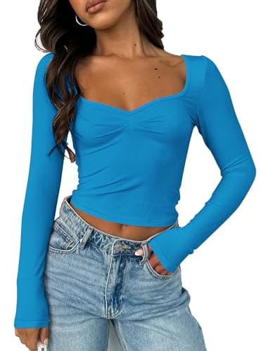 Sumtory Women Sweetheart Neckline Basic Fitted Tops Long Sleeve Going Out Crop Tops Ruched T Shirts — image 1