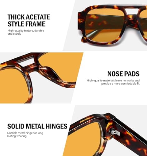 LOOMAKA Square Aviator Sunglasses for Women Retro 70s Chunky Double Bridge Glasses Trendy Flat Top Y2K Shades view 4