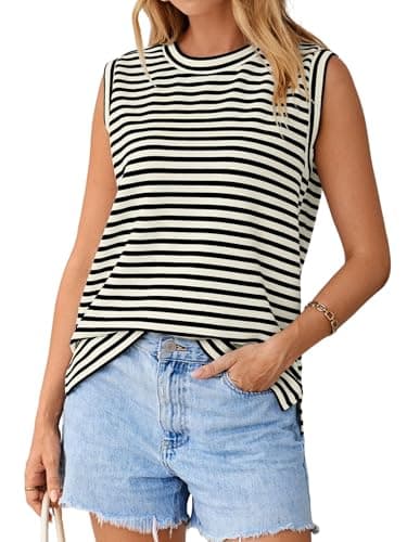 Glamaker Summer Tank Tops for Women Striped High Neck Sleeveless Basic Tee Shirts Casual Loose Fit 2026 Fahion Clothes — image 1