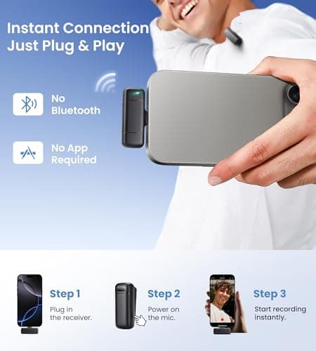 Sunnymark Mini Wireless Lavalier Microphone for iPhone/Android/Laptop, Plug & Play mini Mic with USB C Receiver and Lightning Adapter, Noise Reduction Clip on Wireless Microphone for TikTok, YouTube view 2