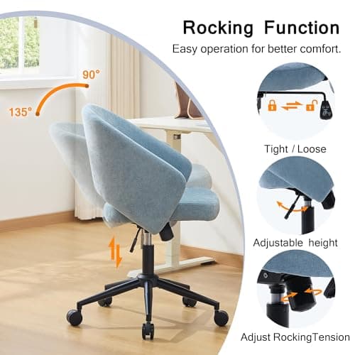 Fmolat Vanity Chair with Back,Small Office Chair with Silent Wheels,Luxury Faux Fur for Lumbar Support,Adjustable Swivel Rolling Desk Chair Compact for Your Vanity Room and Small Office (Blue) view 3