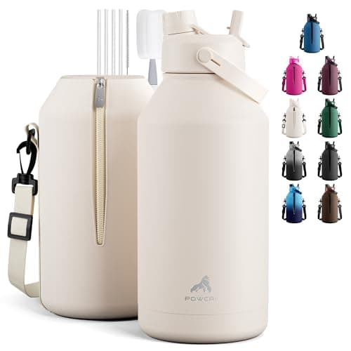 POWCAN 64 oz Water Bottle Insulated with 2-in-1 Straw and Spout Lid, Carrier Bag, Handle Strap, Leakproof, BPA-Free, Half Gallon Metal Water Bottle for Camping, Picnic and Hydration (Cream) — image 1