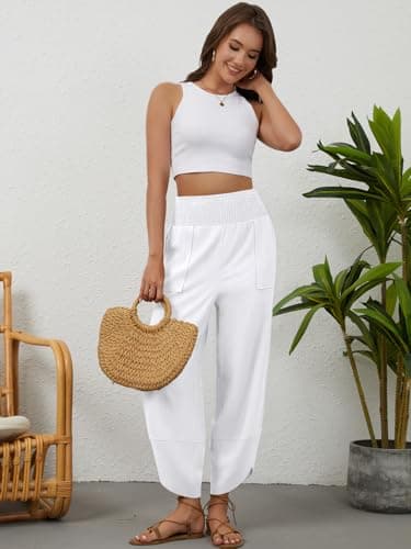 grewley Womens Linen Pants Wide Leg Palazzo Capri Barrel Harem Pants Casual High Waisted Trousers with Pockets Beach view 5