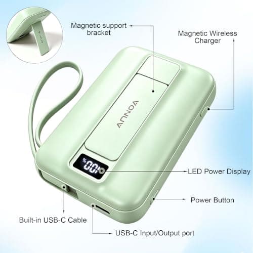 Magnetic Power Bank 10000mAh, Fast Charger with Built-in USB-C Cable(Green) view 4