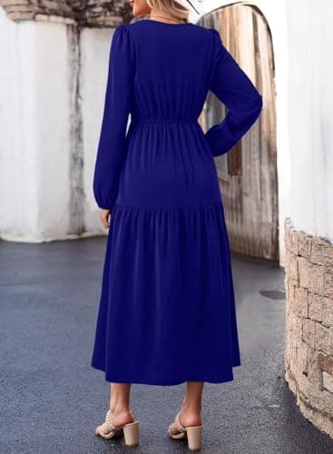 Dokotoo Fall Dresses for Women 2026 Long Sleeve V Neck Smocked Empire Waist Ruffle Tiered Casual Split Maxi Dress view 2