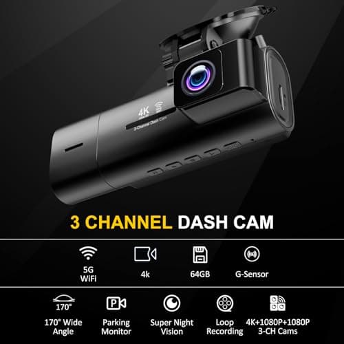 4K Dash Cam Front and Rear Inside,3.16" IPS,3 Channel Dash Cam for Car with 5G WiFi,Free 64GB Card,170° Wide Angle,Loop Recording,G-Sensor,WDR,Night Vision,Time-Lapse,24H Parking Monitor view 2