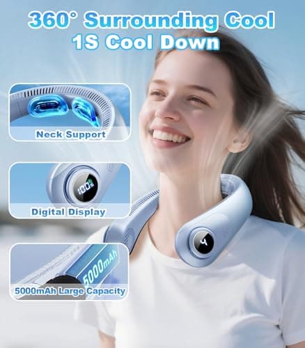 Portable Neck Fan With LED Display, Hands-free 5 Speeds Cooling, Neck Support, Lightweight, Battery Operated, Personal Bladeless Fan Rechargeable, Gift for Women Men, Hot Flashes, Travel, Camping view 2
