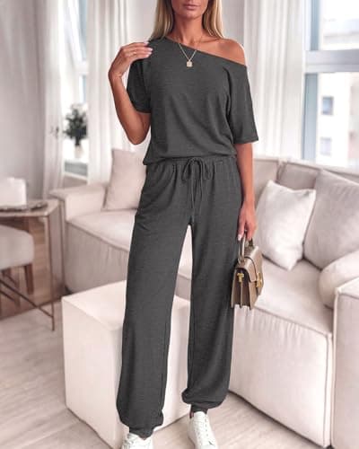 Zenlonr Women Summer 2 Piece Outfits 2026 Off Shoulder Short Sleeve Tops Elastic Waist Drawstring Long Pants Tracksuit view 2
