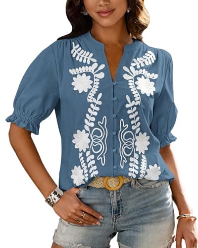 BTFBM Women's 2026 Spring Tops Casual Floral Boho V Neck Puff Short Sleeve Button Down Shirts Embroidered Blouses Tunic — image 1