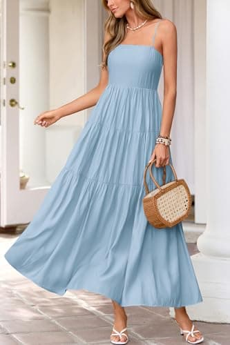 Okiwam Women's Summer Dress 2026 Casual Boho Sleeveless Spaghetti Strap Smocked Maxi Dress Ruffle Long Beach Sundresses view 2