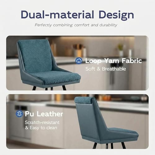 Ollega Bar Stools Set of 4, 26" Counter Height Bar Stools, Upholstered Swivel Barstools with Backs, Loop Yarn Fabric&Pu Leather, Metal Legs for Kitchen Island, Blue view 3