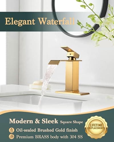 KUZOR Gold Waterfall Bathroom Sink Faucet, Brushed Gold Finish, Single Handle, 1 or 3 Hole Installation, Metal Pop Up Drain, 23.6-inch Hoses, 3/8 Inch Compression Threads view 6