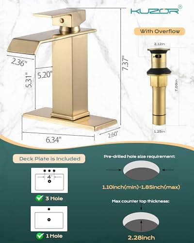 KUZOR Gold Waterfall Bathroom Sink Faucet, Brushed Gold Finish, Single Handle, 1 or 3 Hole Installation, Metal Pop Up Drain, 23.6-inch Hoses, 3/8 Inch Compression Threads view 3