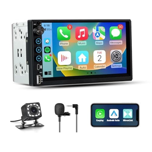 Pyniro Double Din Car Radio with Wireless CarPlay & Android Auto 7 Inch | Radio with Bluetooth 5.0, 720P BackupCamera with 6M Cable, Support USB Type-C Charging/USB/Microphone/FM/EQ/SWC — image 1